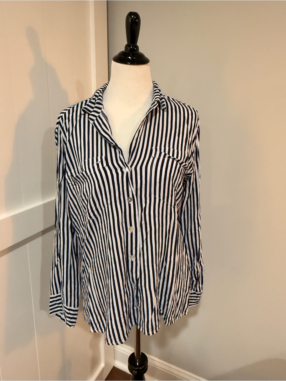 Just Living Vertical Stripe Button-Down Shirt - Navy & White